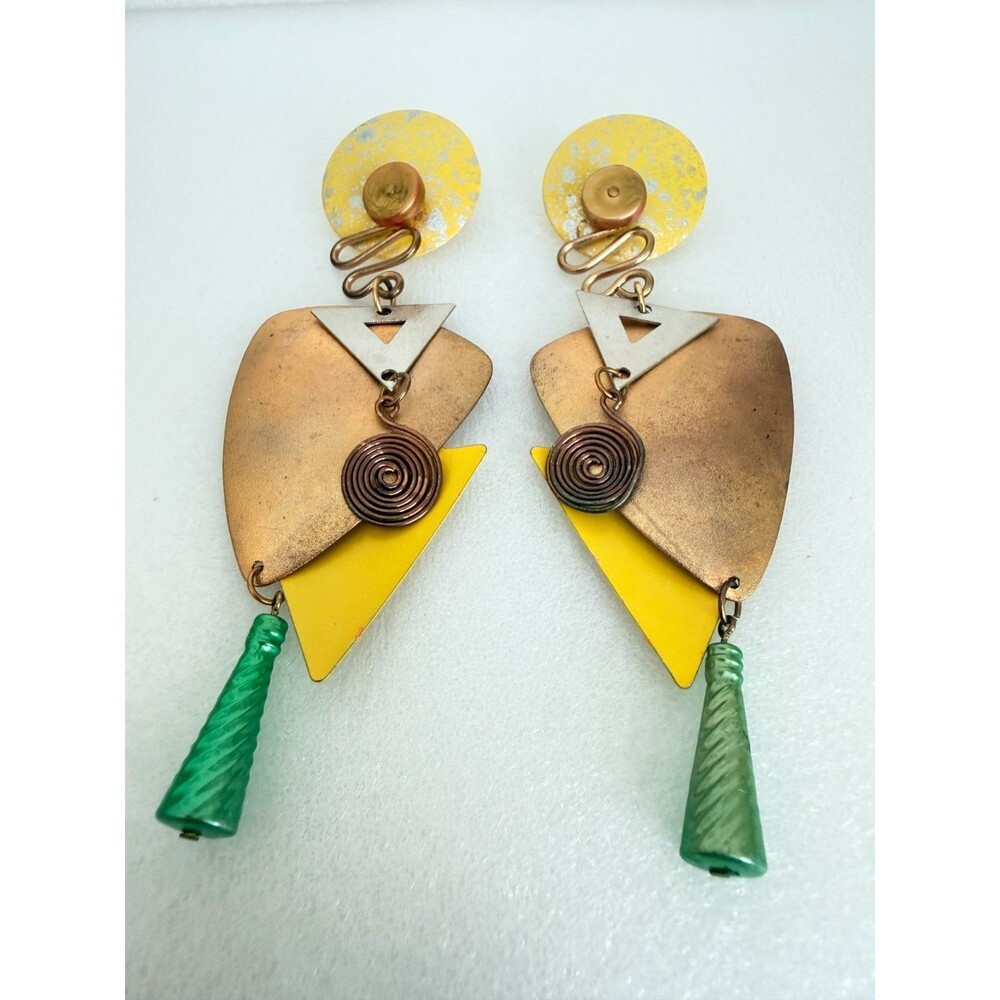 Vintage 1980s Memphis Style Geometric Mixed Metal Dangle Earrings 5 Inch Stateme - Picture 5 of 10